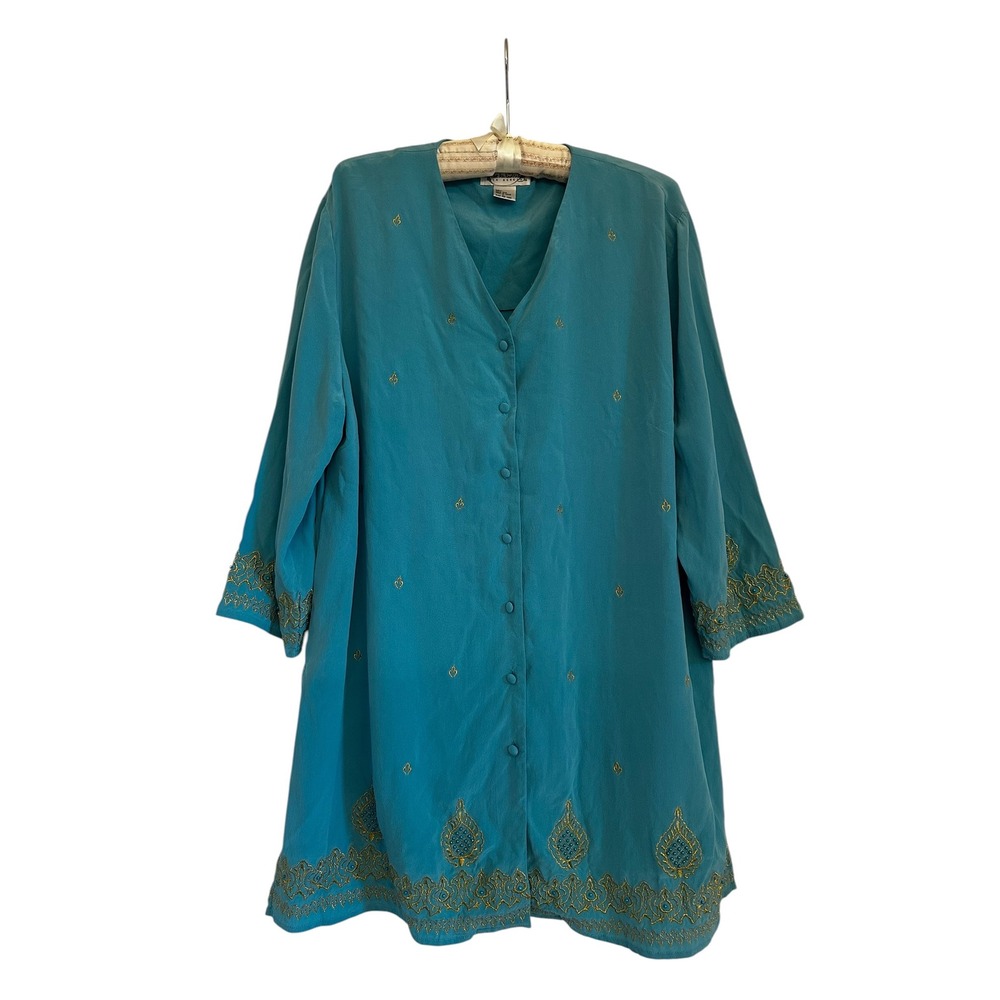 Diane Von Furstenberg 100% Silk Teal Blue Beaded Tunic Top Sz L Resort Vintage